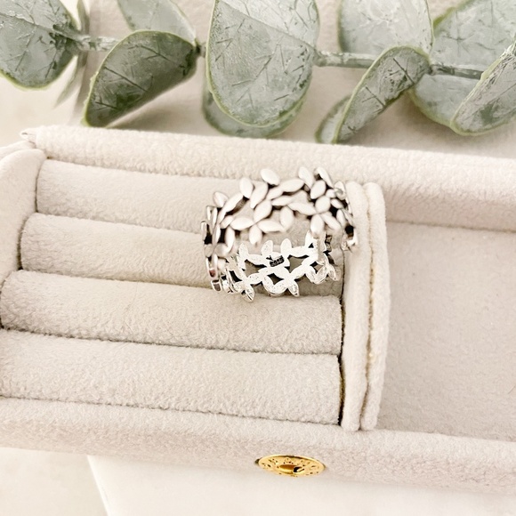 925 Sterling Silver Flower Ring Geometric Ring Leaf Ring Silver Chunky Ring - Picture 10 of 10